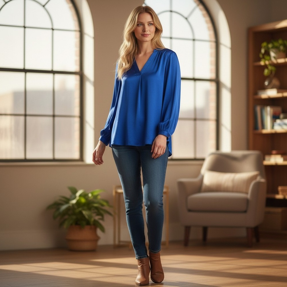 Vince Camuto Royal Blue V-Neck Long Sleeve Blouse Medium